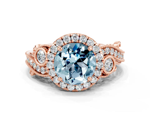 Rose gold Round Cut Aquamarine Halo Ring with Milgrain Pavé Band and Four-Prong Setting_12