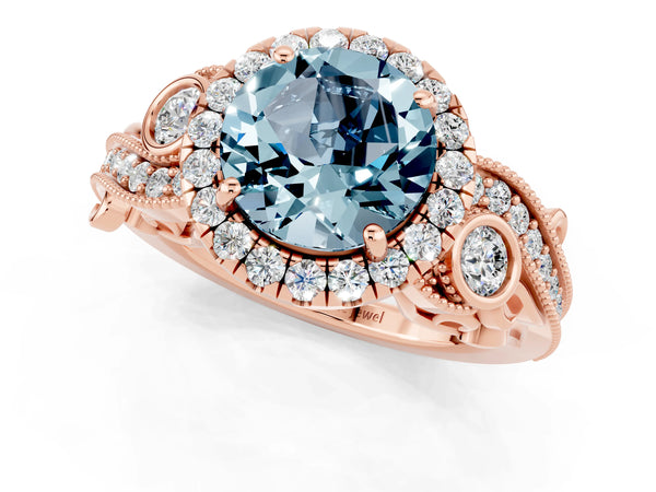 Rose gold Round Cut Aquamarine Halo Ring with Milgrain Pavé Band and Four-Prong Setting