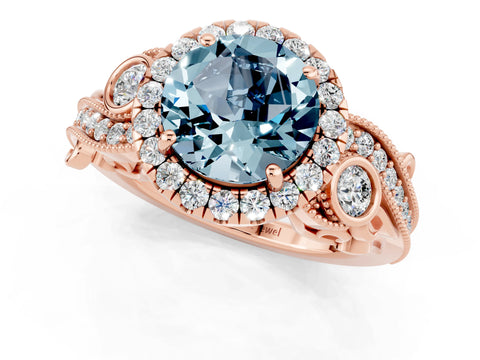 Rose gold Round Cut Aquamarine Halo Ring with Milgrain Pavé Band and Four-Prong Setting_13