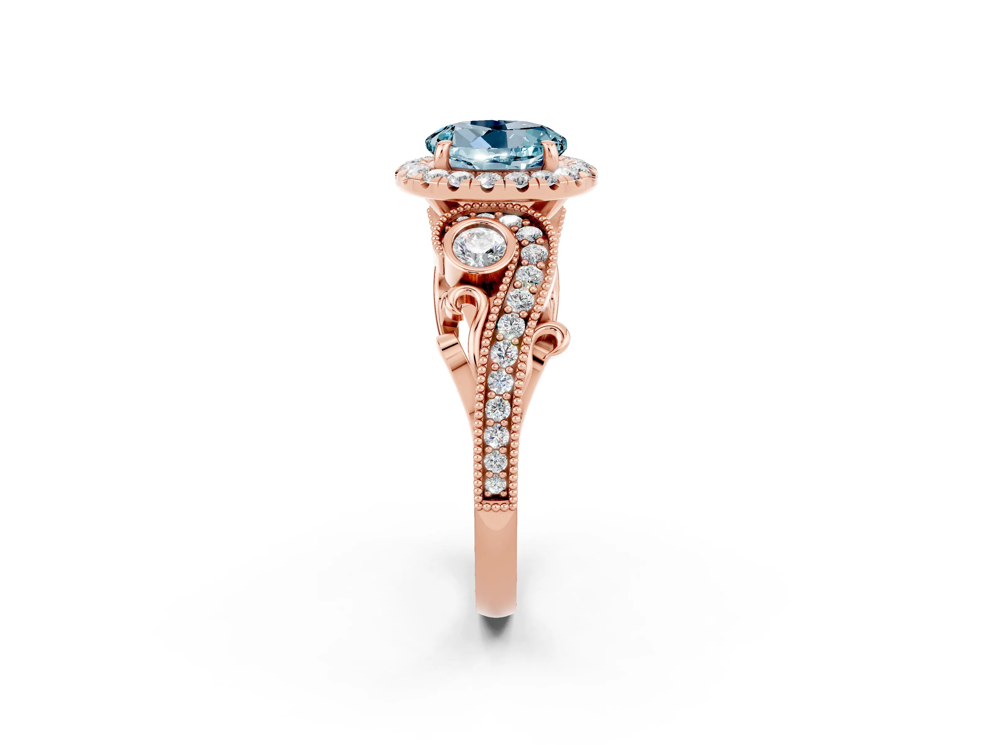 Rose gold Round Cut Aquamarine Halo Ring with Milgrain Pavé Band and Four-Prong Setting_14