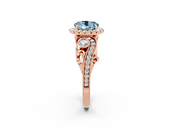 Rose gold Round Cut Aquamarine Halo Ring with Milgrain Pavé Band and Four-Prong Setting