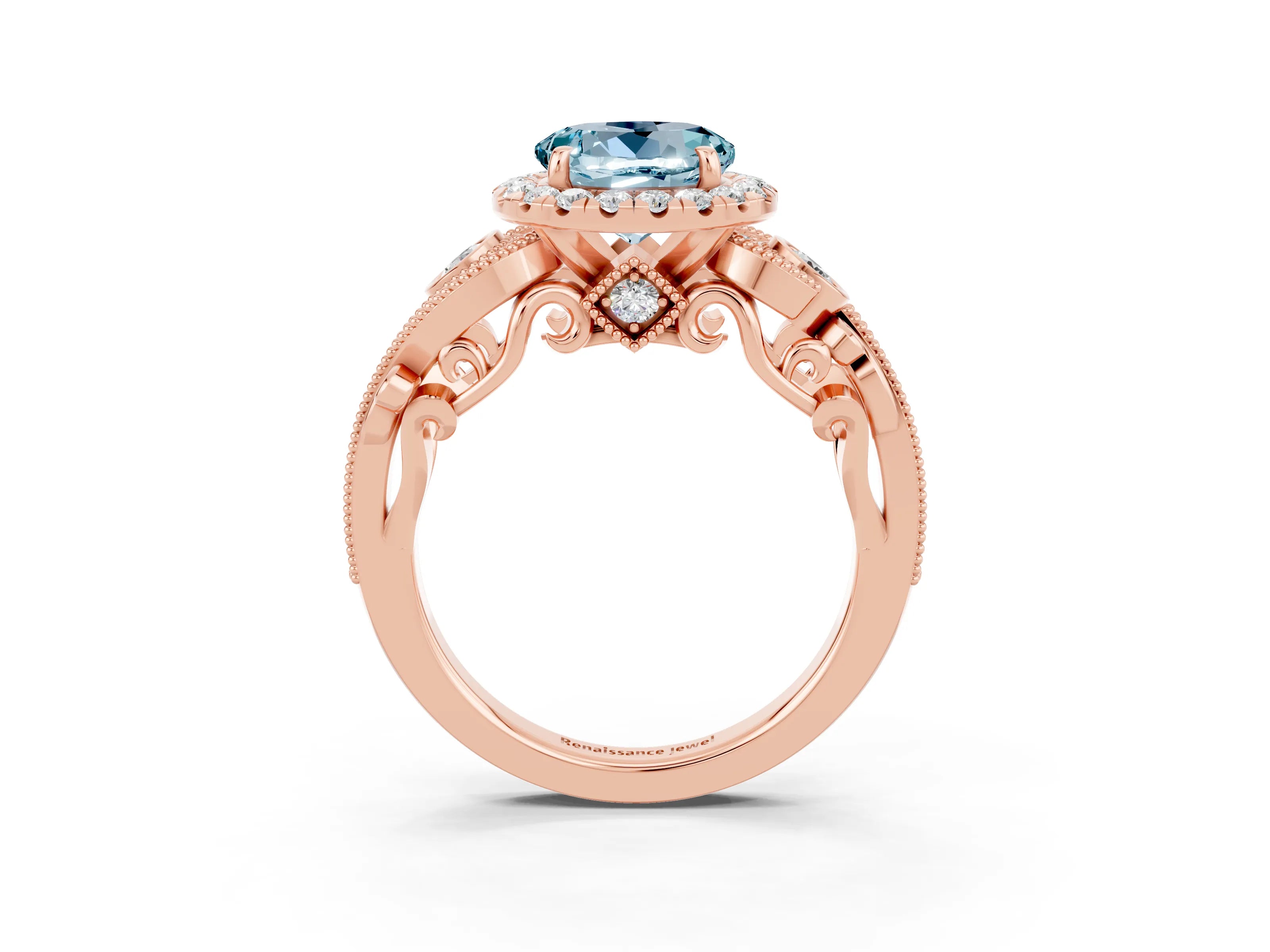 Rose gold Round Cut Aquamarine Halo Ring with Milgrain Pavé Band and Four-Prong Setting_15