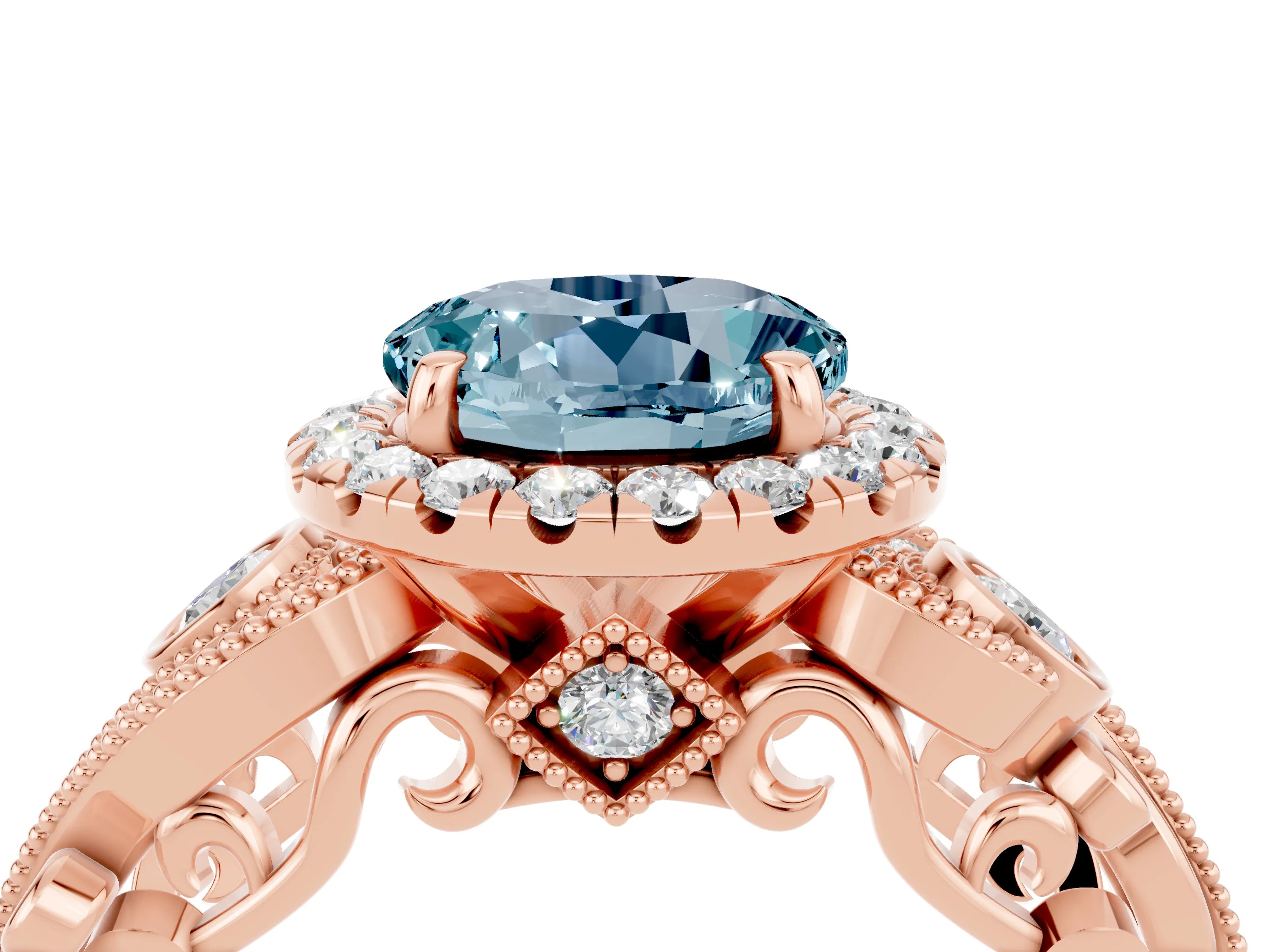 Rose gold Round Cut Aquamarine Halo Ring with Milgrain Pavé Band and Four-Prong Setting_16