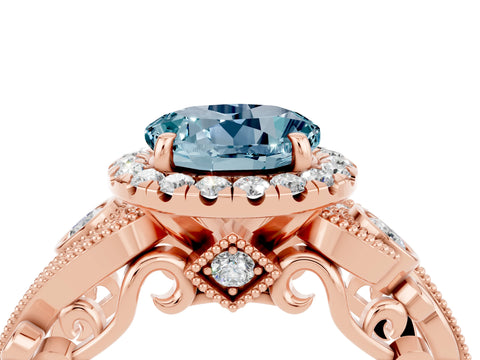 Rose gold Round Cut Aquamarine Halo Ring with Milgrain Pavé Band and Four-Prong Setting_16