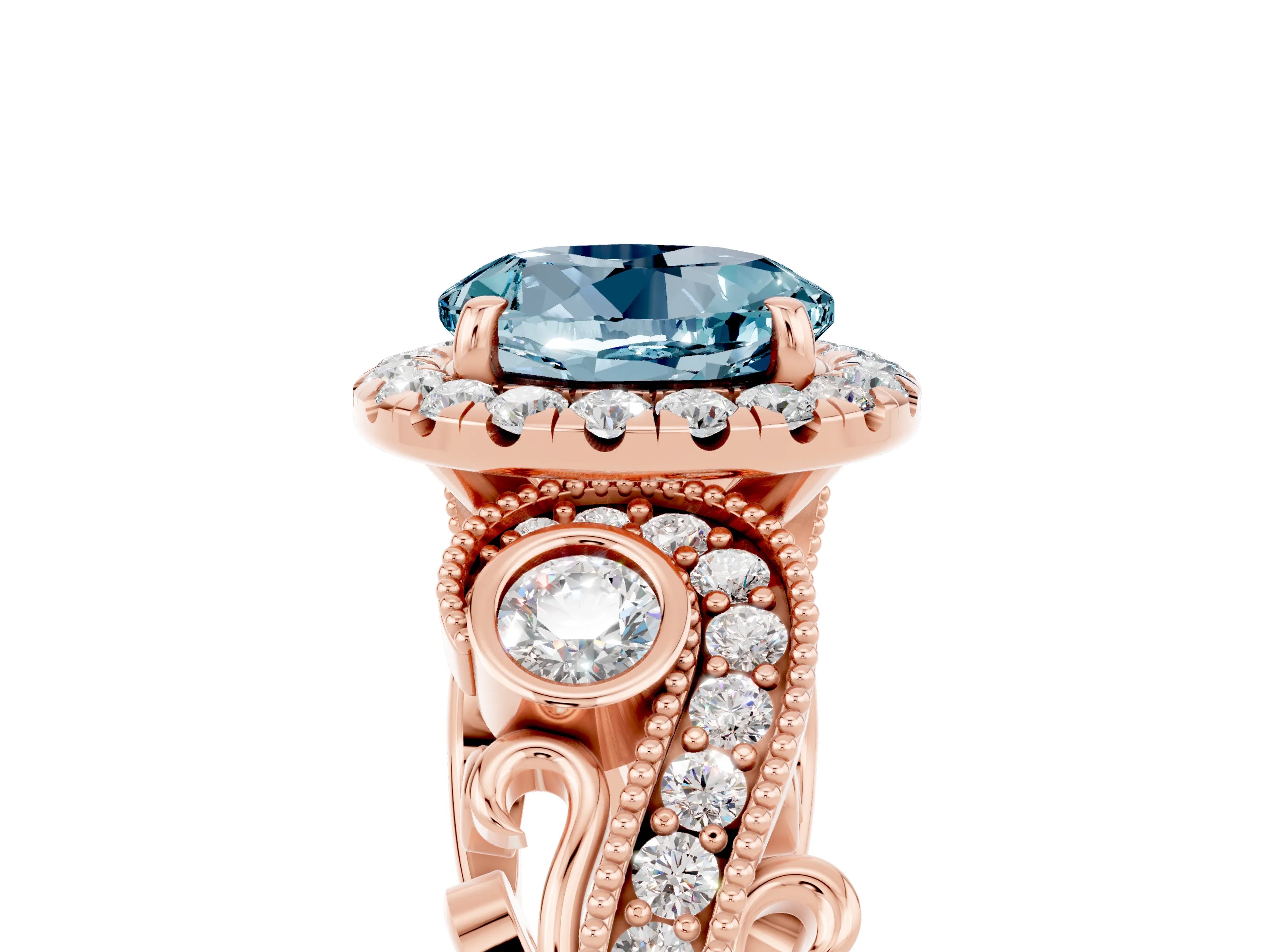 Rose gold Round Cut Aquamarine Halo Ring with Milgrain Pavé Band and Four-Prong Setting_17