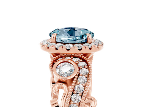 Rose gold Round Cut Aquamarine Halo Ring with Milgrain Pavé Band and Four-Prong Setting_17