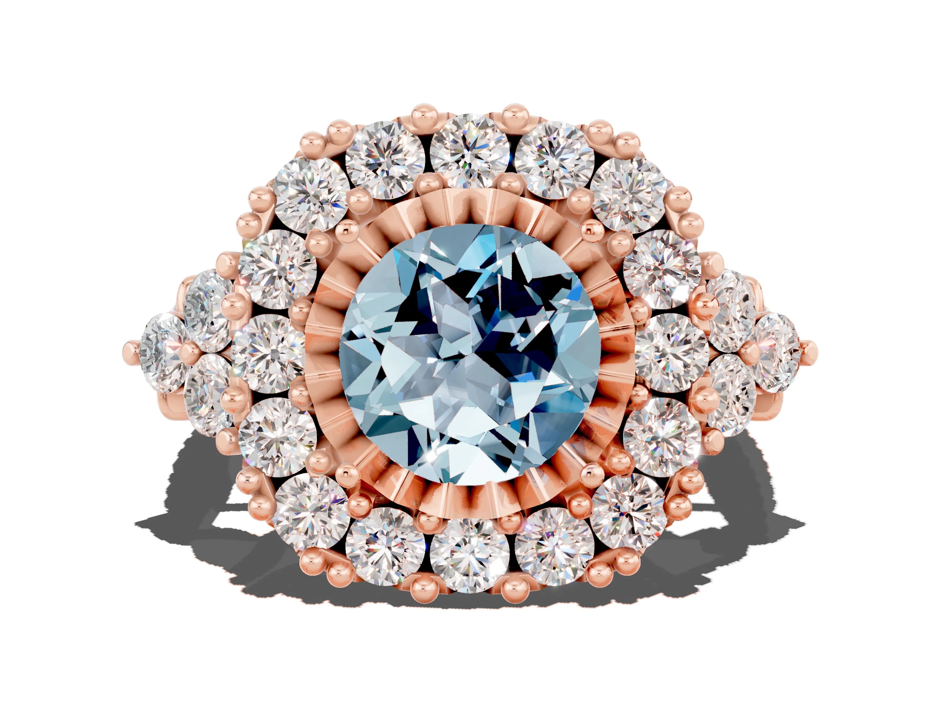Rose gold Round Cut Aquamarine Halo Ring with Pavé Band and Four-Prong Setting_12
