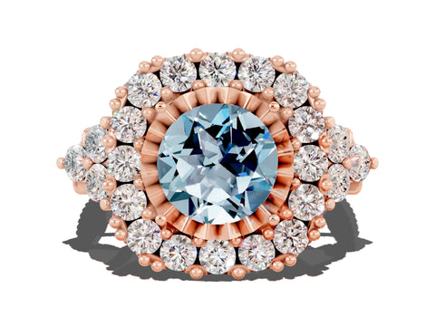 Rose gold Round Cut Aquamarine Halo Ring with Pavé Band and Four-Prong Setting_12