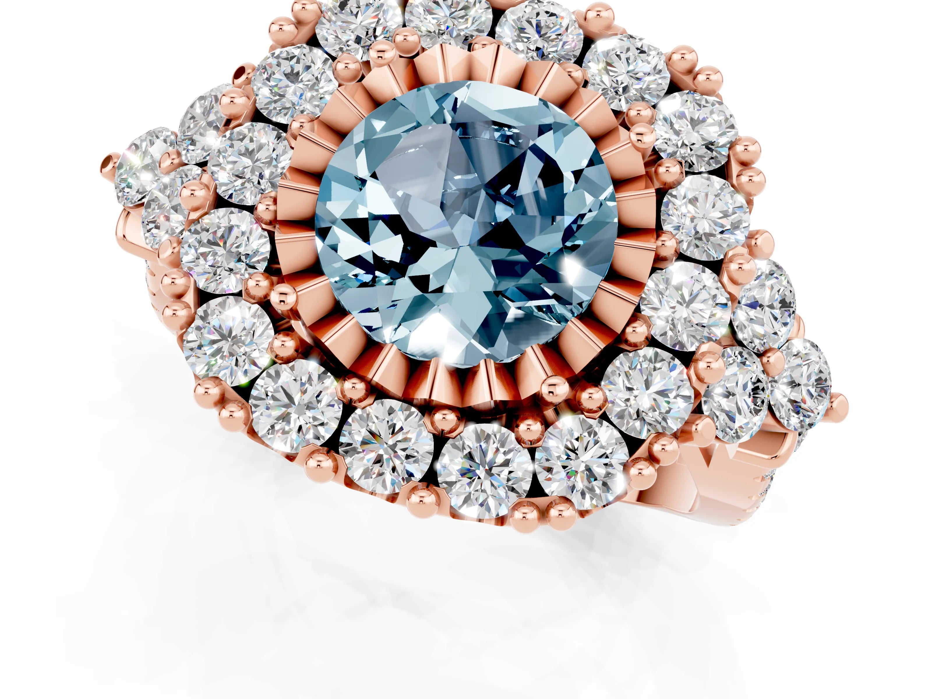 Rose gold Round Cut Aquamarine Halo Ring with Pavé Band and Four-Prong Setting_13