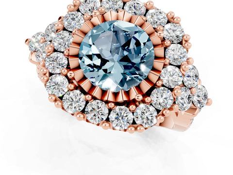 Rose gold Round Cut Aquamarine Halo Ring with Pavé Band and Four-Prong Setting_13