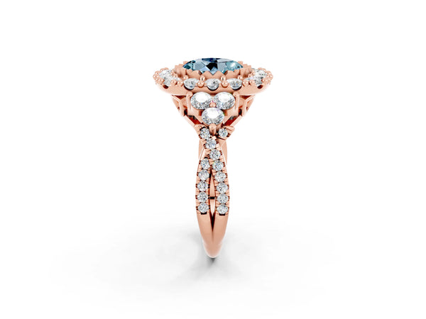 Rose gold Round Cut Aquamarine Halo Ring with Pavé Band and Four-Prong Setting