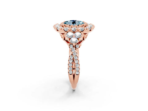 Rose gold Round Cut Aquamarine Halo Ring with Pavé Band and Four-Prong Setting_14