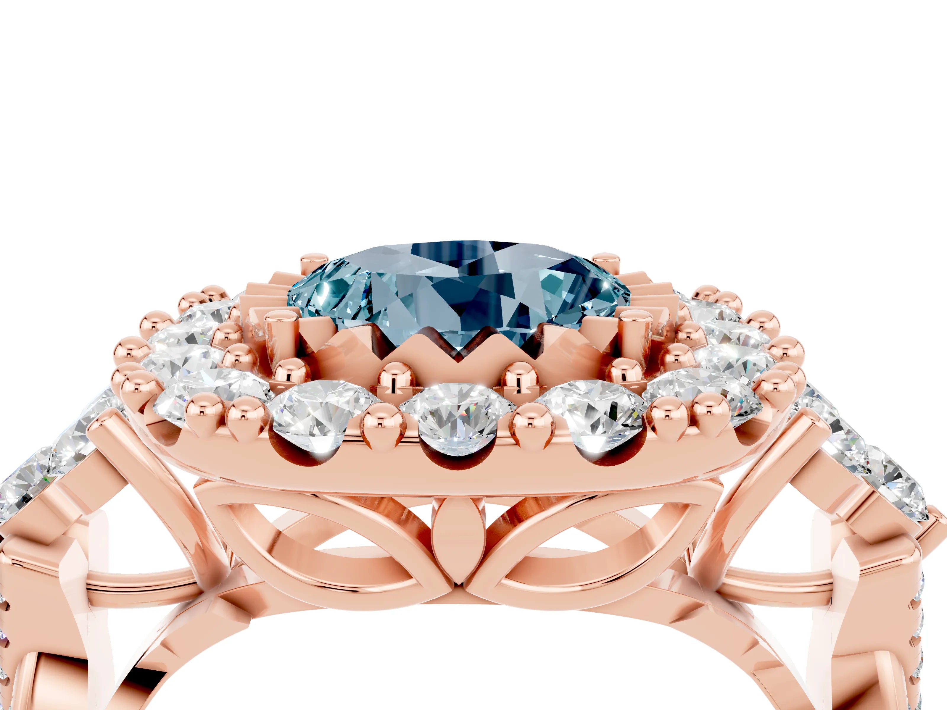 Rose gold Round Cut Aquamarine Halo Ring with Pavé Band and Four-Prong Setting_16