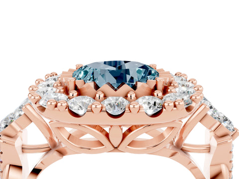 Rose gold Round Cut Aquamarine Halo Ring with Pavé Band and Four-Prong Setting_16