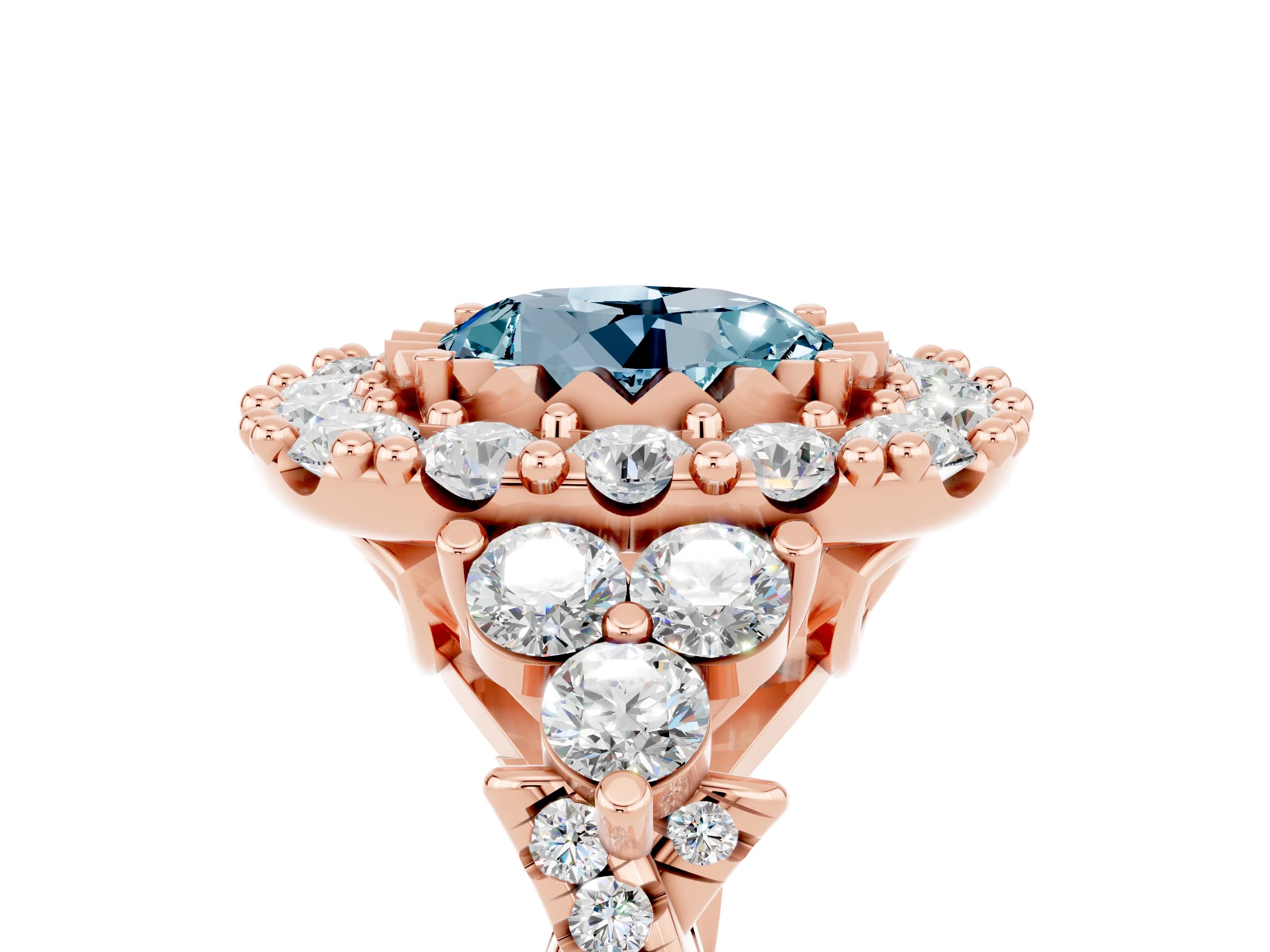 Rose gold Round Cut Aquamarine Halo Ring with Pavé Band and Four-Prong Setting_17