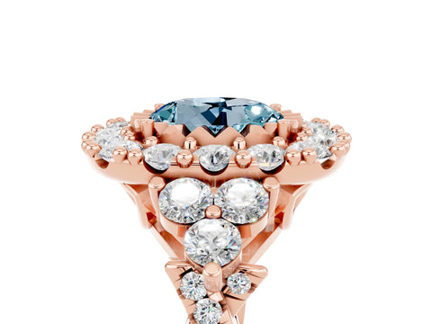 Rose gold Round Cut Aquamarine Halo Ring with Pavé Band and Four-Prong Setting_17