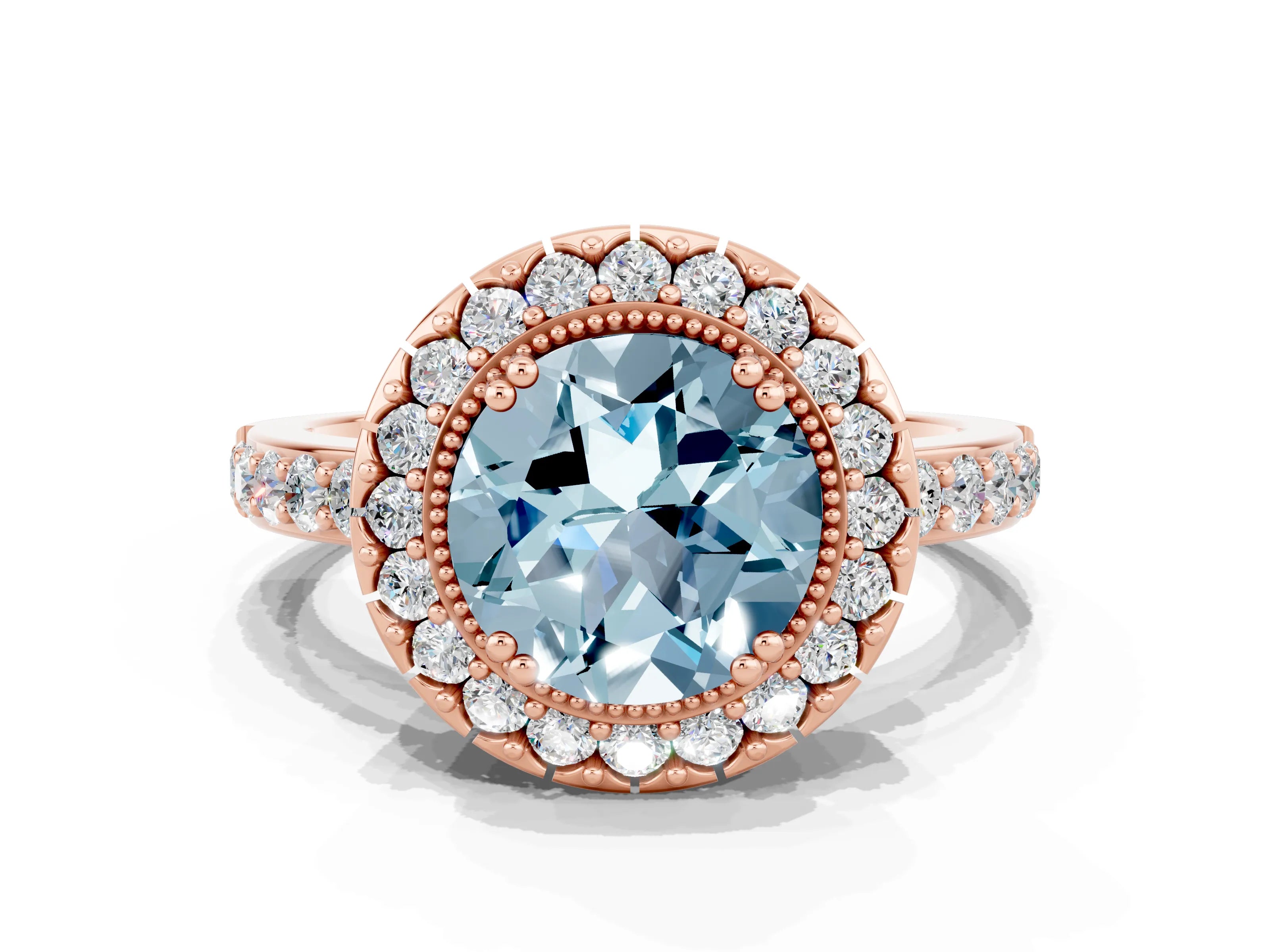 Rose gold Round Cut Aquamarine Halo Ring with Pavé Band and Prong Setting