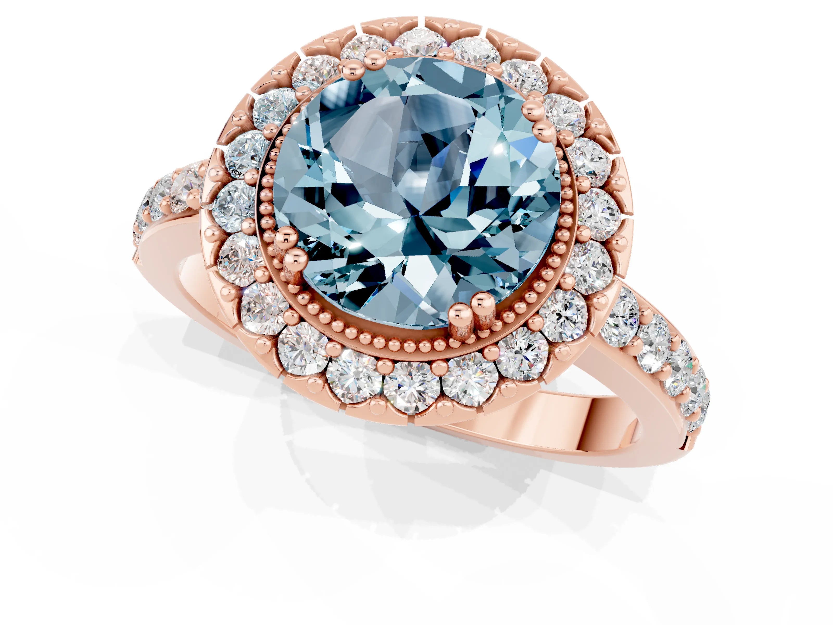 Rose gold Round Cut Aquamarine Halo Ring with Pavé Band and Prong Setting_1