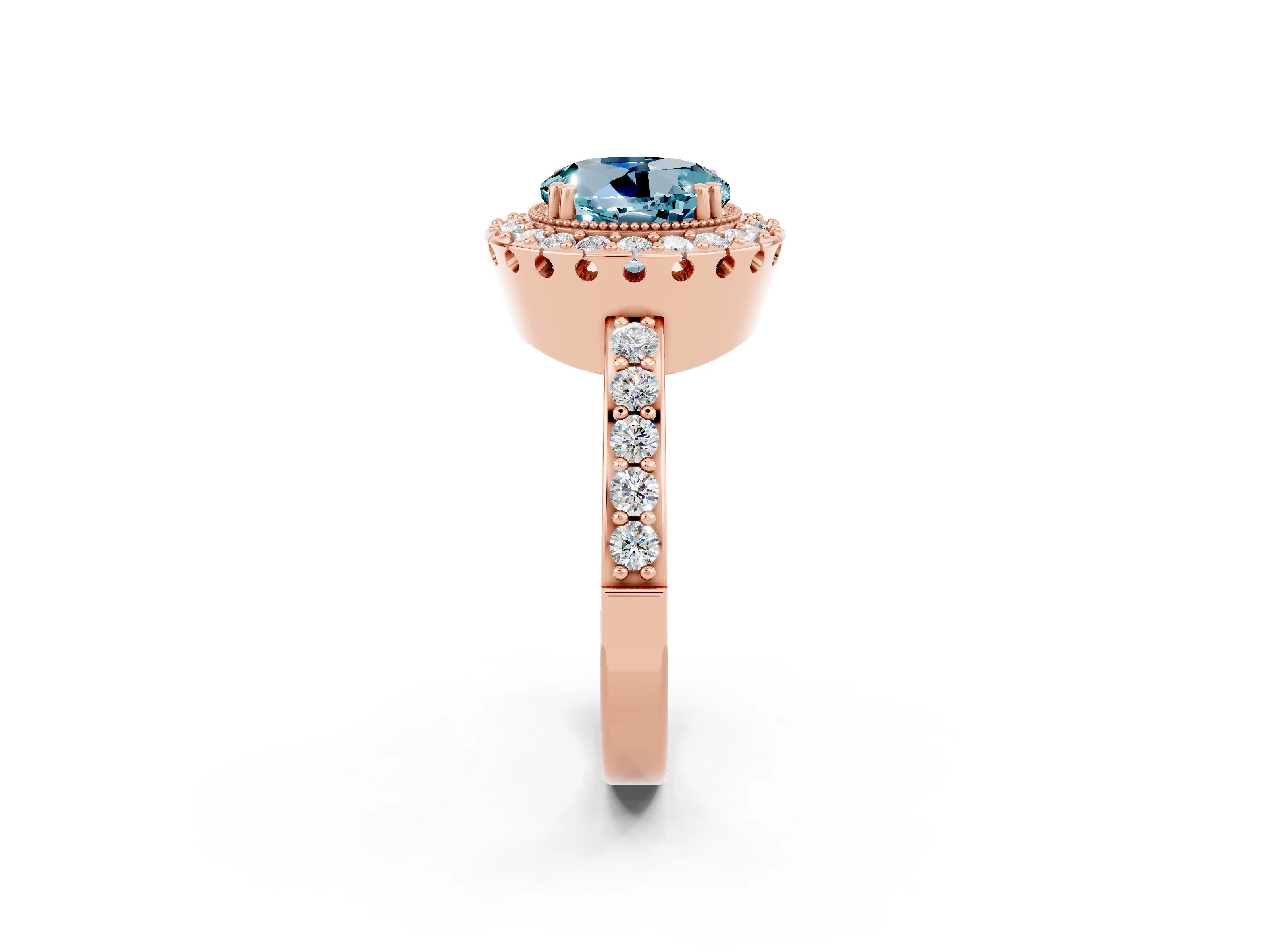 Rose gold Round Cut Aquamarine Halo Ring with Pavé Band and Prong Setting_2