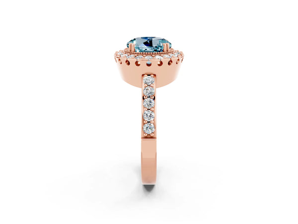 Rose gold Round Cut Aquamarine Halo Ring with Pavé Band and Prong Setting