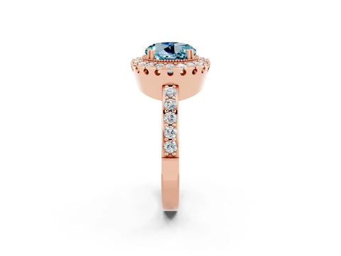 Rose gold Round Cut Aquamarine Halo Ring with Pavé Band and Prong Setting_2