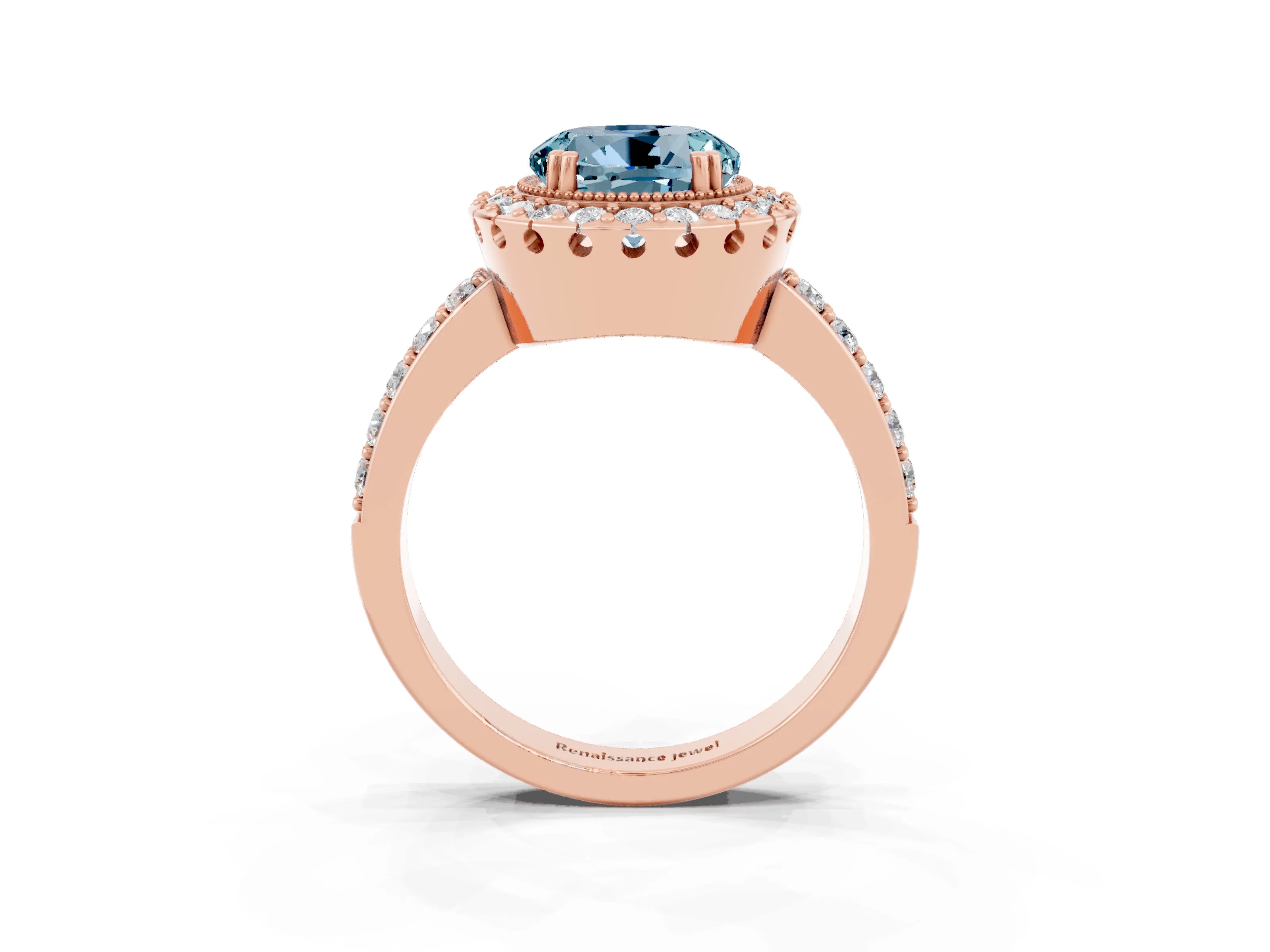 Rose gold Round Cut Aquamarine Halo Ring with Pavé Band and Prong Setting_3