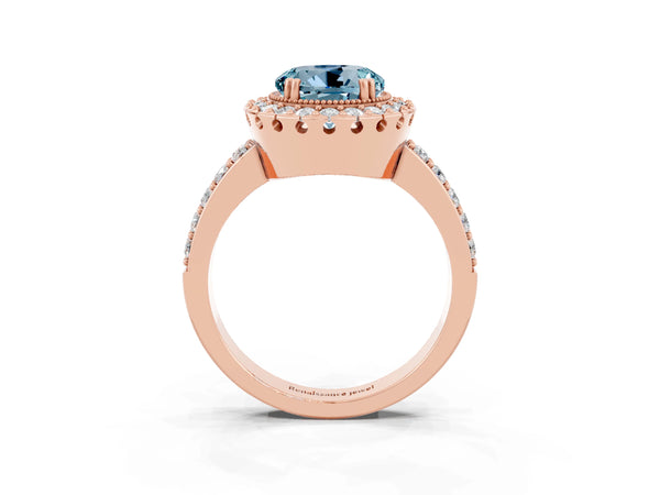 Rose gold Round Cut Aquamarine Halo Ring with Pavé Band and Prong Setting