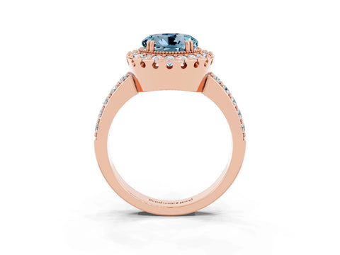Rose gold Round Cut Aquamarine Halo Ring with Pavé Band and Prong Setting_3