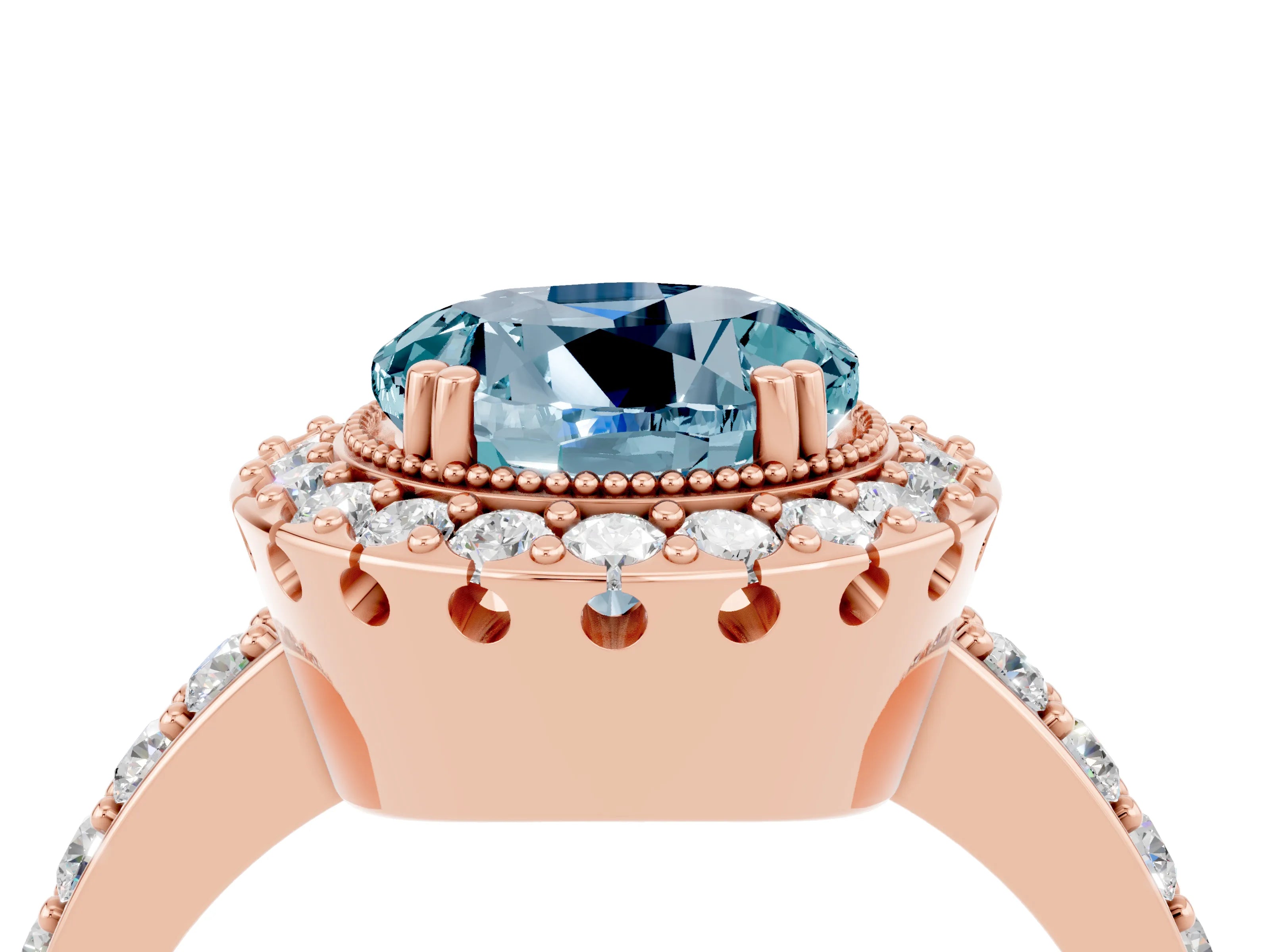Rose gold Round Cut Aquamarine Halo Ring with Pavé Band and Prong Setting_4