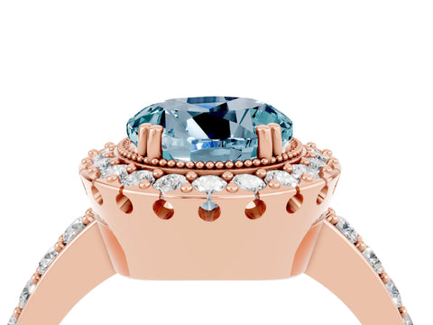 Rose gold Round Cut Aquamarine Halo Ring with Pavé Band and Prong Setting_4