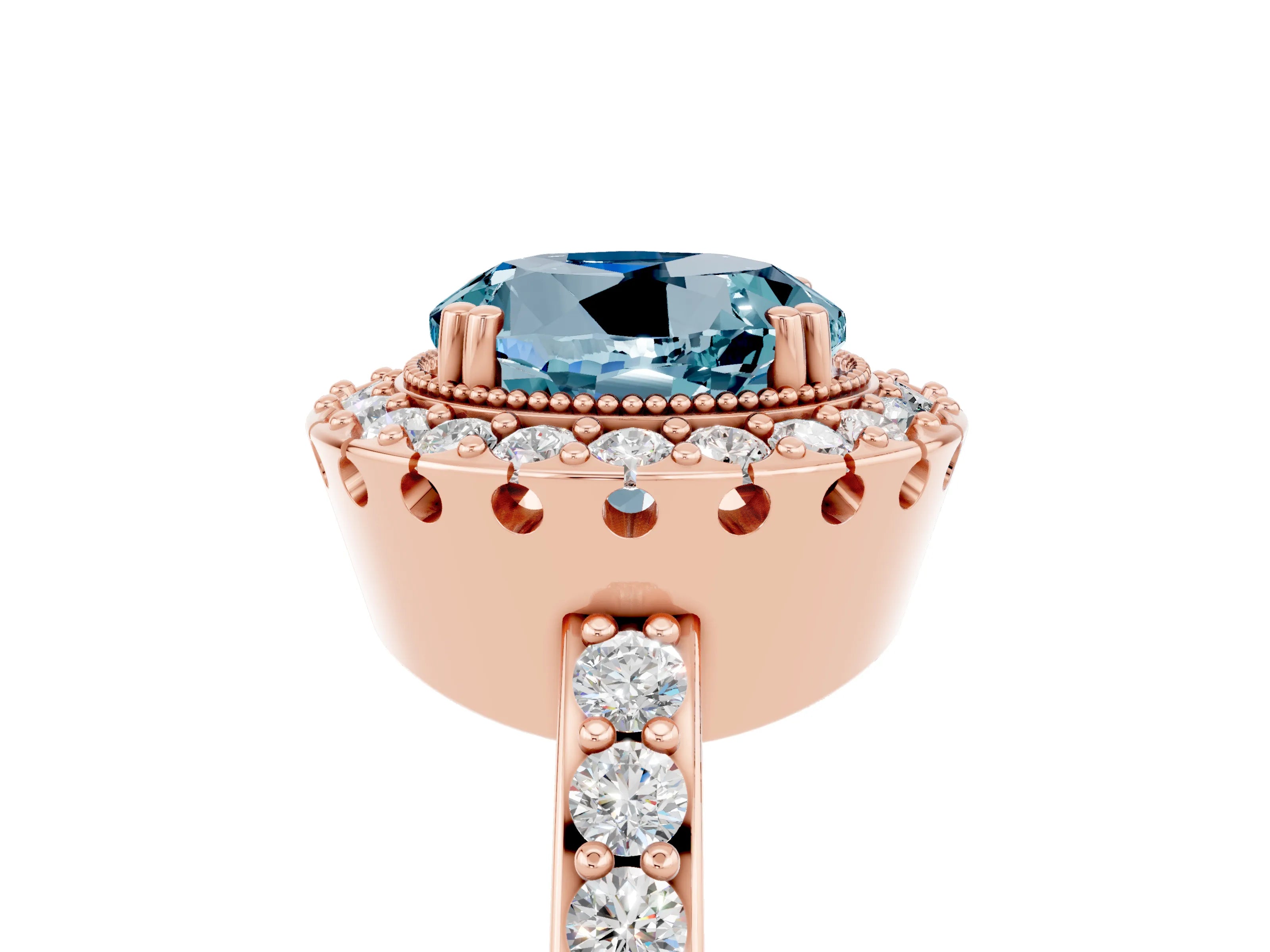 Rose gold Round Cut Aquamarine Halo Ring with Pavé Band and Prong Setting_5