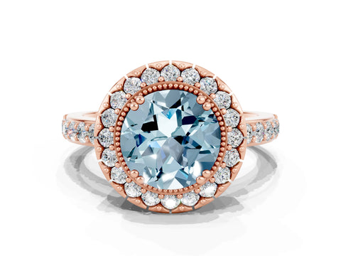 Rose gold Round Cut Aquamarine Halo Ring with Pavé Band and Prong Setting