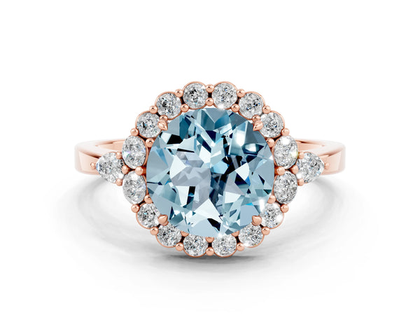 Rose gold Round Cut Aquamarine Halo Ring with Pear Side Stones and Prong Setting