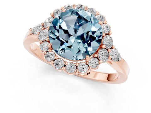 Rose gold Round Cut Aquamarine Halo Ring with Pear Side Stones and Prong Setting_13