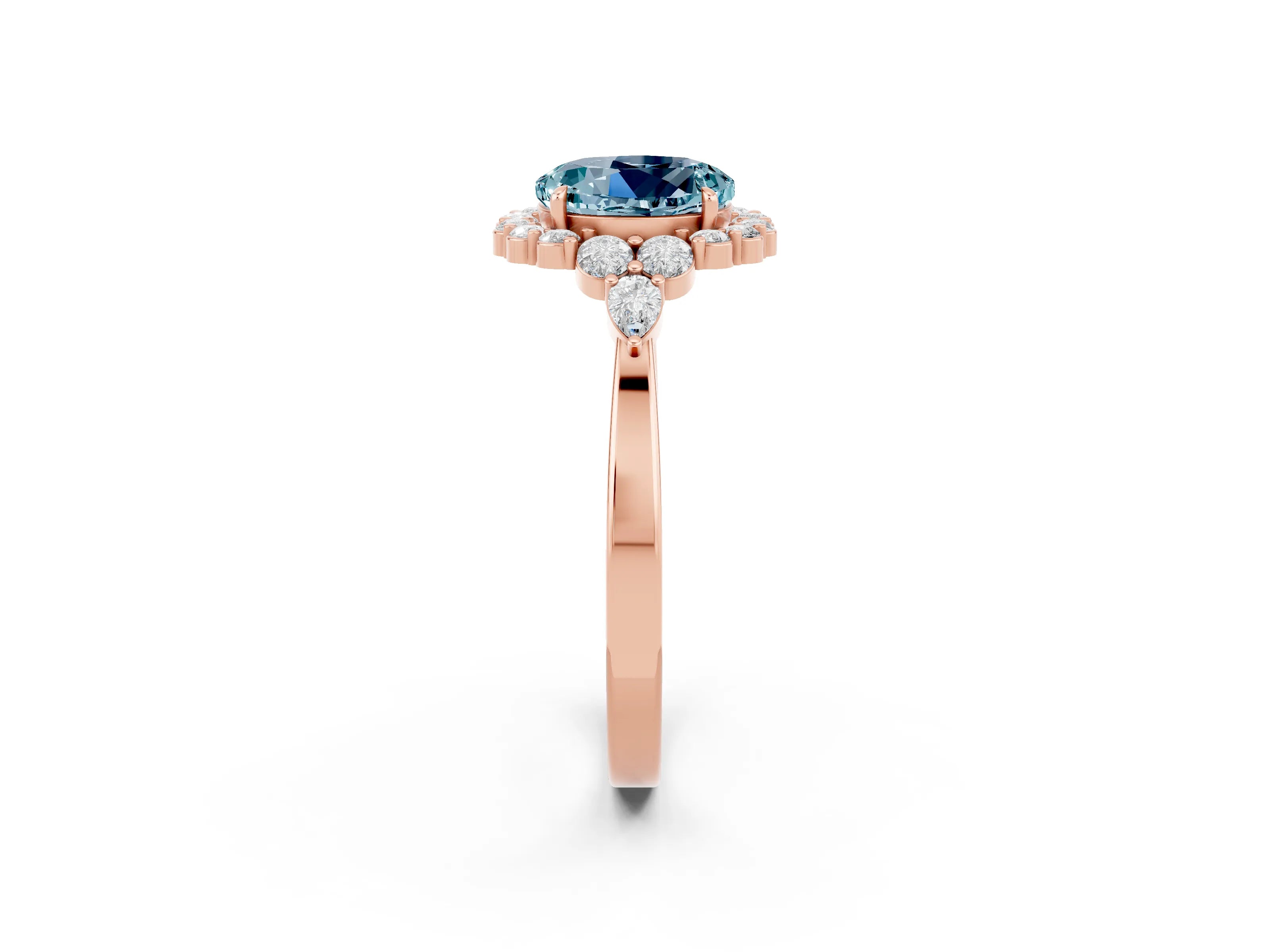 Rose gold Round Cut Aquamarine Halo Ring with Pear Side Stones and Prong Setting_14