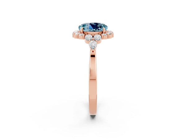 Rose gold Round Cut Aquamarine Halo Ring with Pear Side Stones and Prong Setting