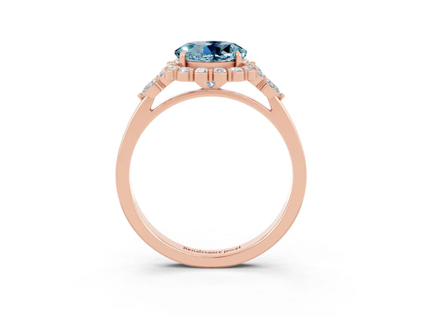 Rose gold Round Cut Aquamarine Halo Ring with Pear Side Stones and Prong Setting