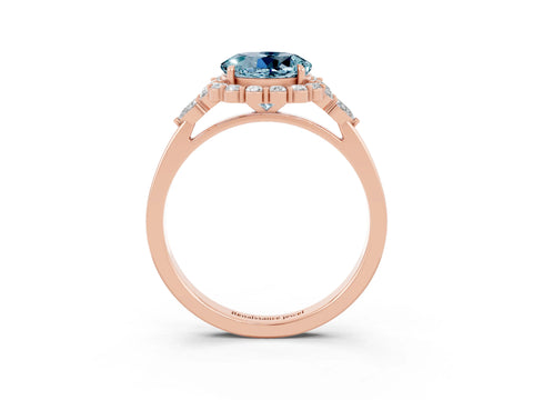 Rose gold Round Cut Aquamarine Halo Ring with Pear Side Stones and Prong Setting_15