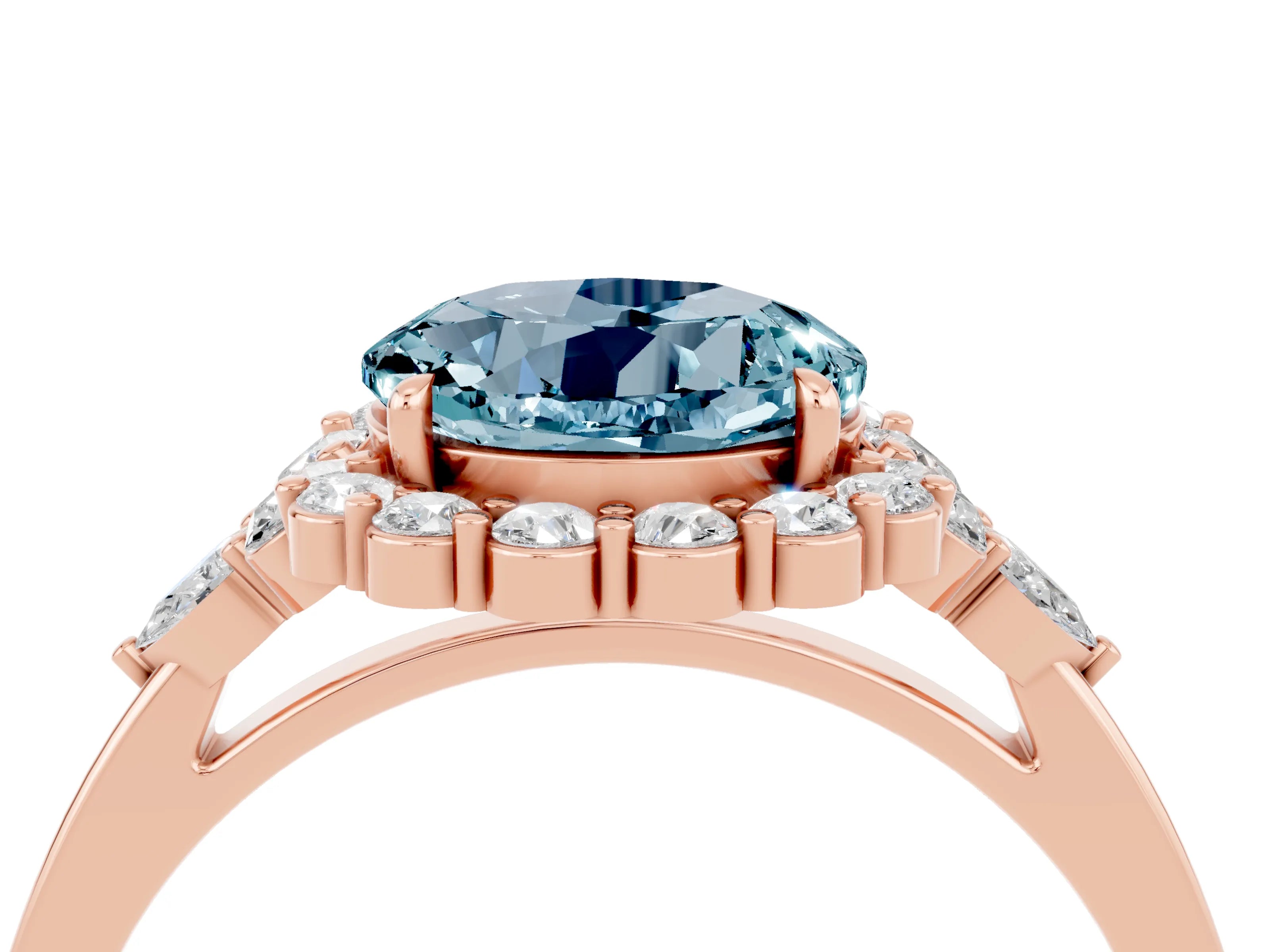 Rose gold Round Cut Aquamarine Halo Ring with Pear Side Stones and Prong Setting_16