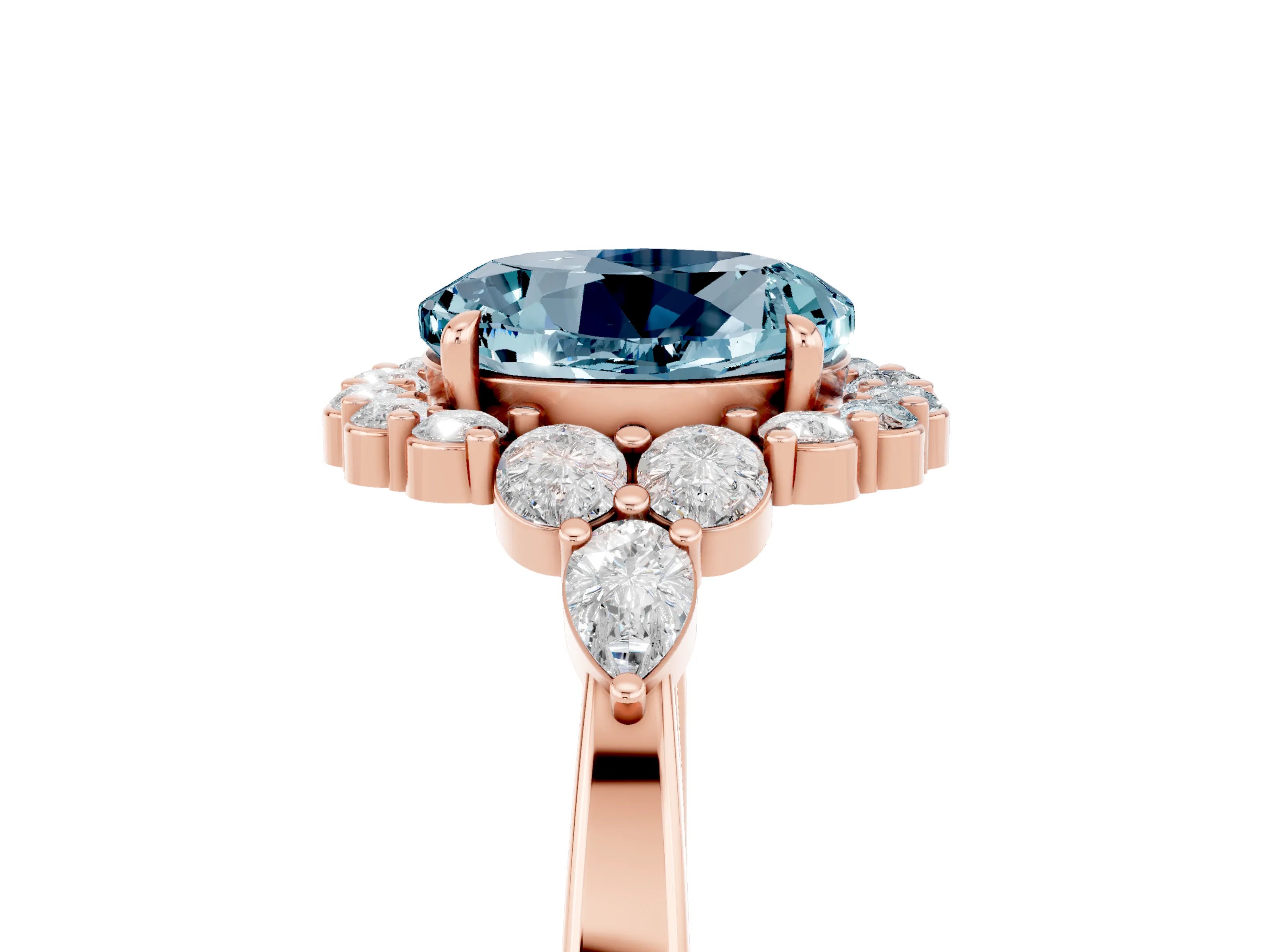 Rose gold Round Cut Aquamarine Halo Ring with Pear Side Stones and Prong Setting_17