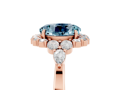 Rose gold Round Cut Aquamarine Halo Ring with Pear Side Stones and Prong Setting_17