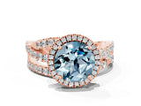 Rose gold Round Cut Aquamarine Halo Ring with Round Split Shank and Prong Setting_48