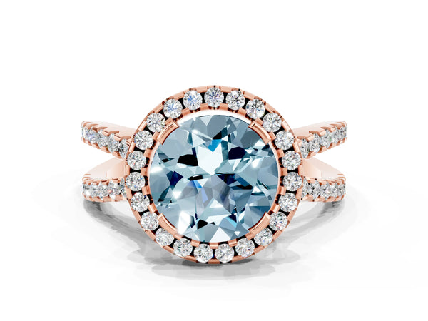 Rose gold Round Cut Aquamarine Halo Ring with Split Shank Pavé Band and Prong Setting