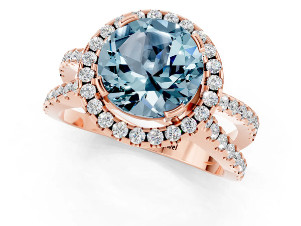 Rose gold Round Cut Aquamarine Halo Ring with Split Shank Pavé Band and Prong Setting