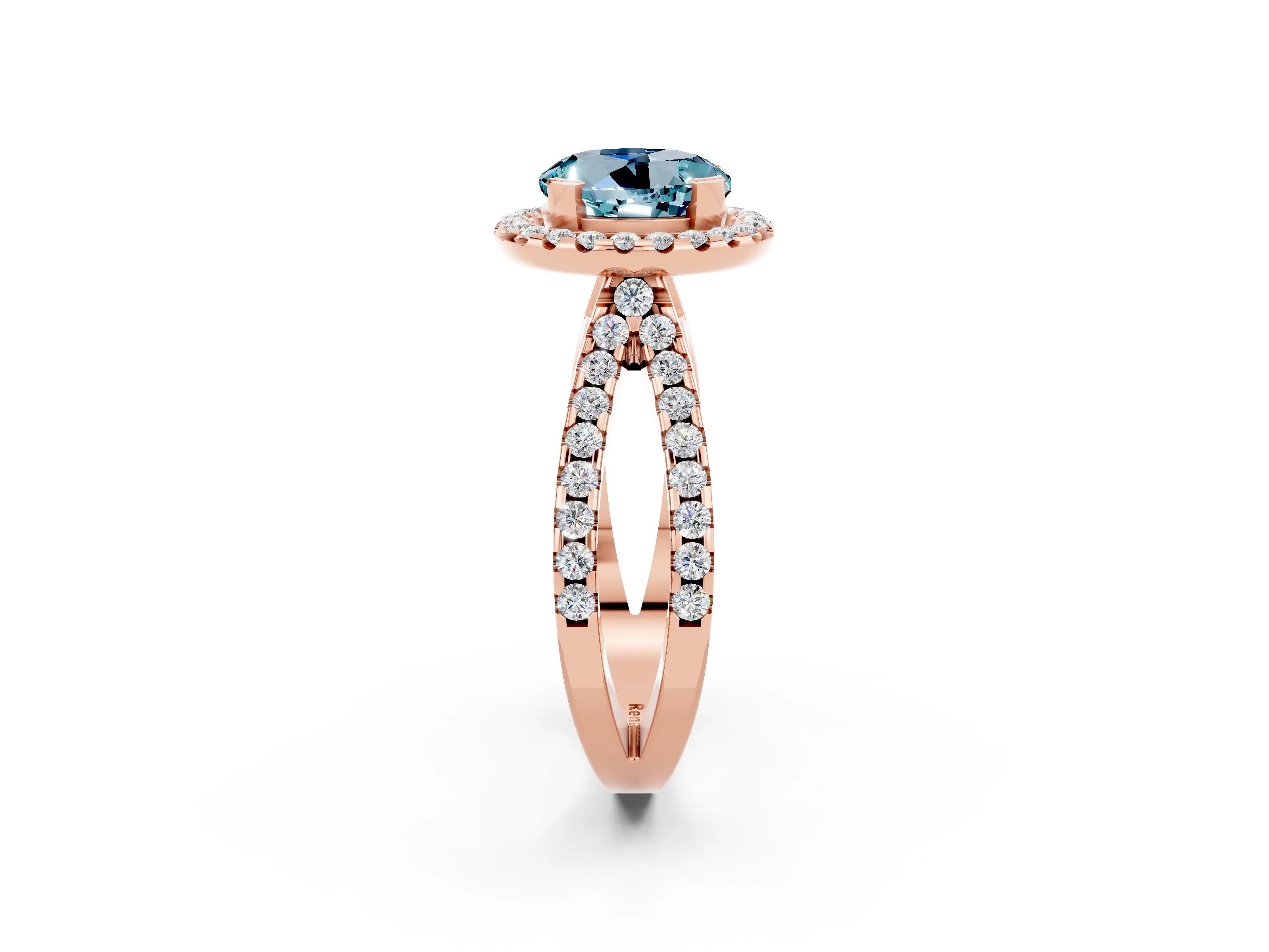 Rose gold Round Cut Aquamarine Halo Ring with Split Shank Pavé Band and Prong Setting_2