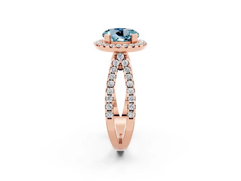 Rose gold Round Cut Aquamarine Halo Ring with Split Shank Pavé Band and Prong Setting_2