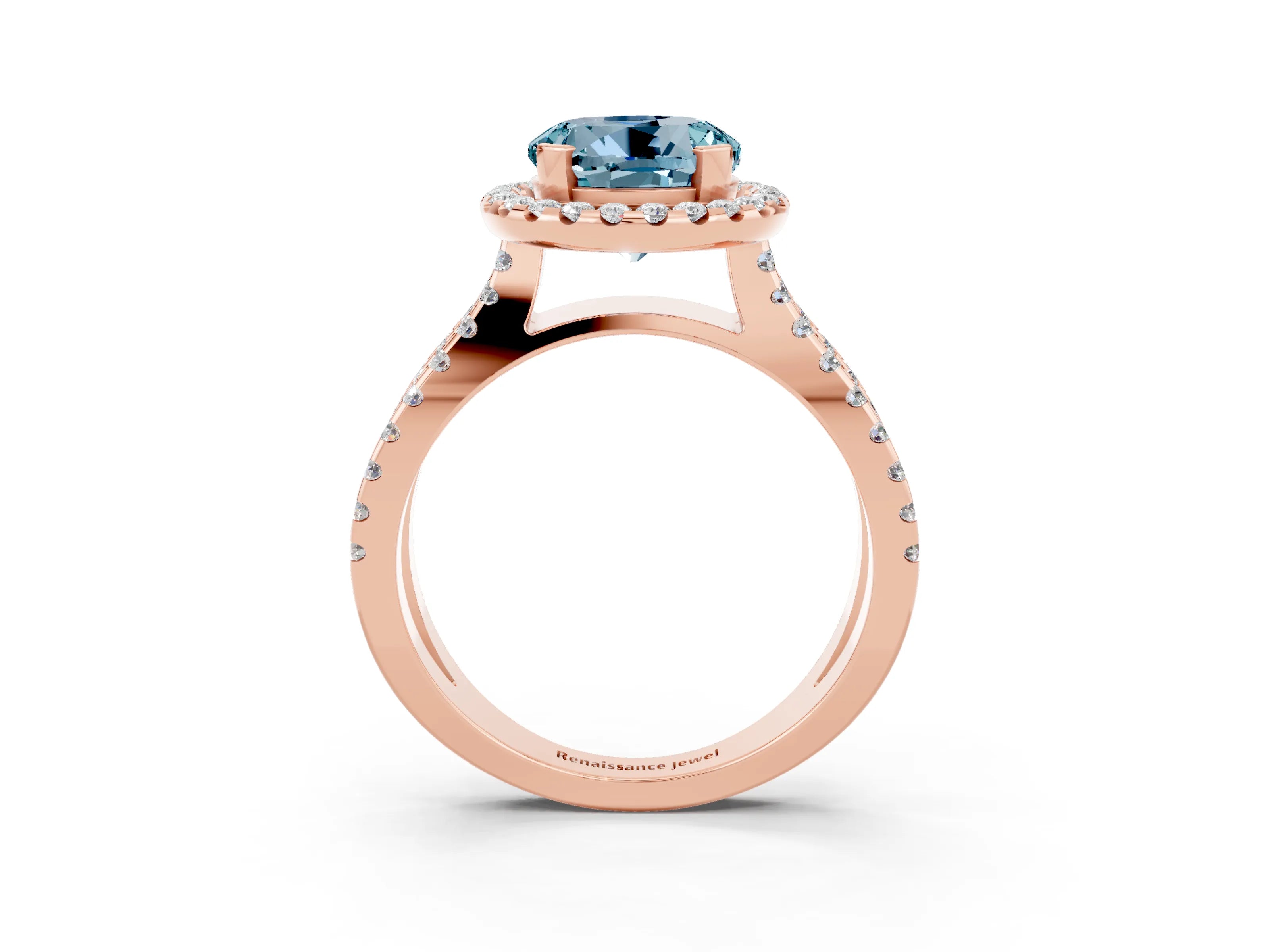 Rose gold Round Cut Aquamarine Halo Ring with Split Shank Pavé Band and Prong Setting_3