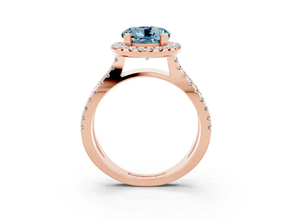 Rose gold Round Cut Aquamarine Halo Ring with Split Shank Pavé Band and Prong Setting
