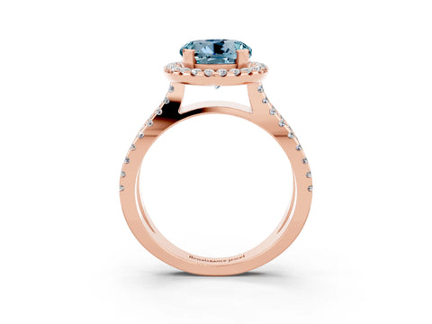 Rose gold Round Cut Aquamarine Halo Ring with Split Shank Pavé Band and Prong Setting_3