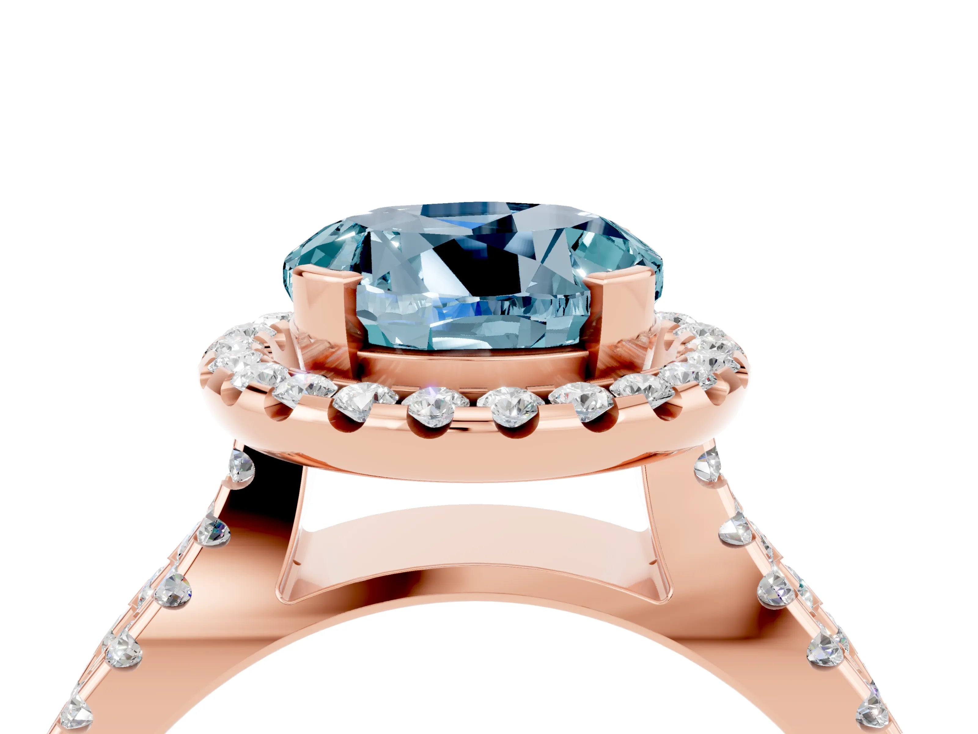 Rose gold Round Cut Aquamarine Halo Ring with Split Shank Pavé Band and Prong Setting_4